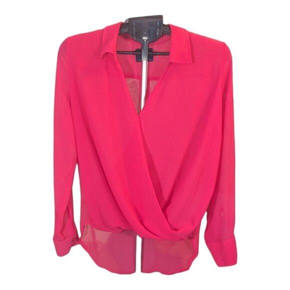 Adrienne Vittadini Hot Barbie Pink Wrap Style High Low Sheer Blouse Size Medium - Picture 13 of 13